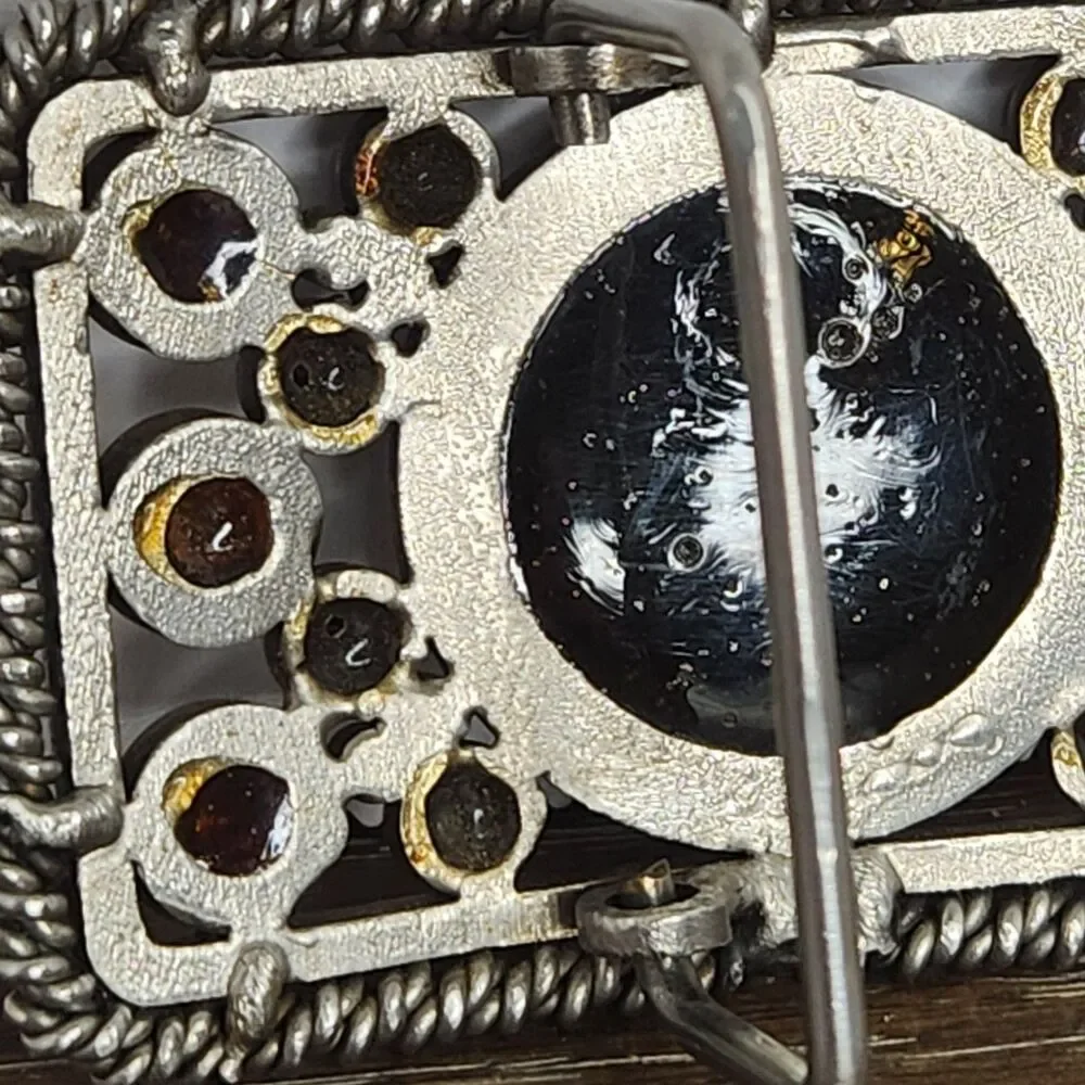 Vintage Rhinestone Black Enamel Inlay Shriners Masonic Silver Tone Belt Buckle